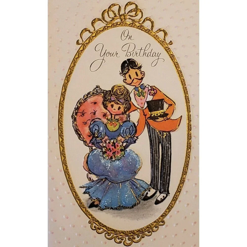 70s Birthday Card Gibson Girl Couple Old Fashioned Embossed Made USA Vintage